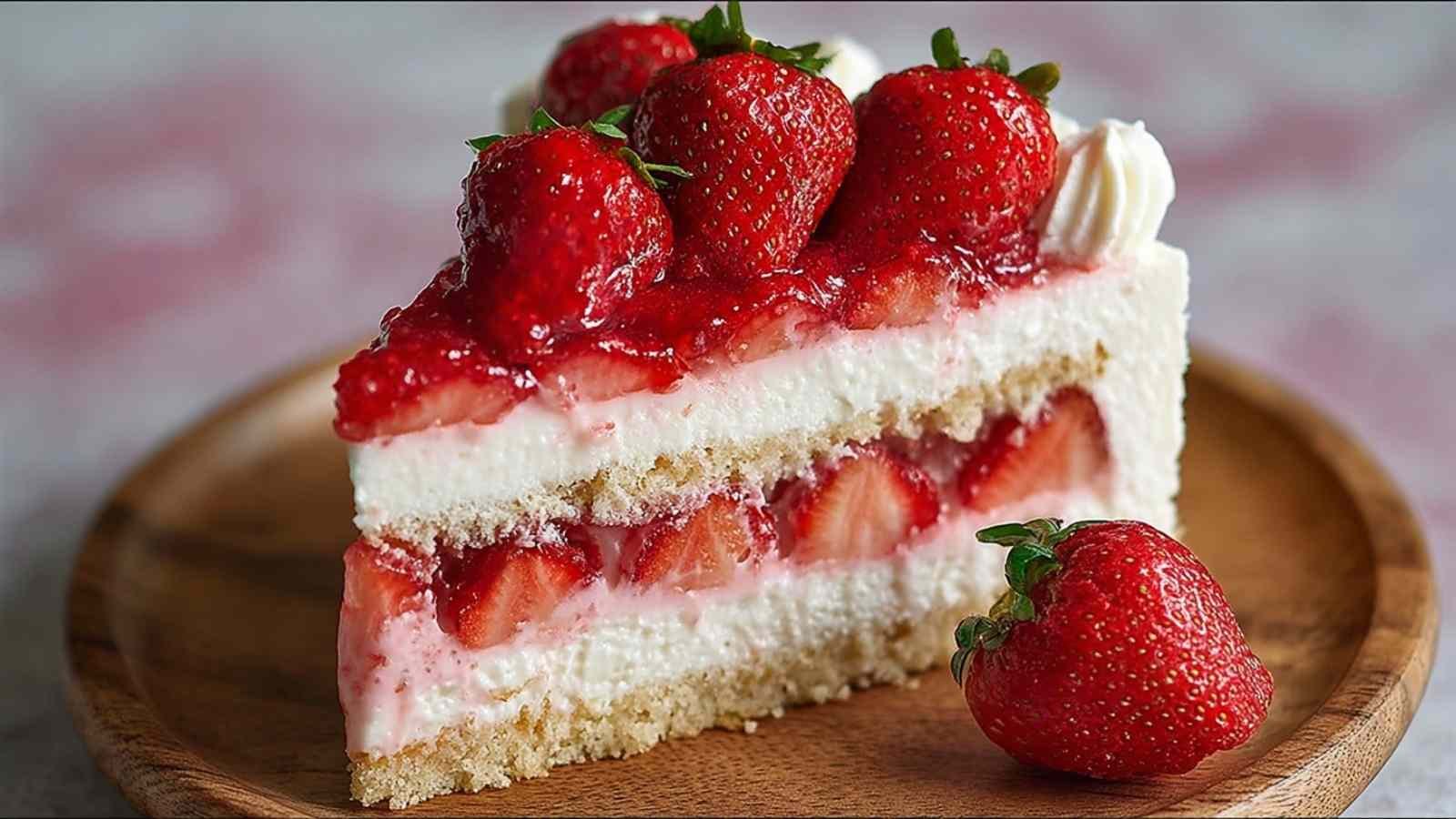 Gâteau fromage fraise fait maison avec fraises fraîches sur le dessus