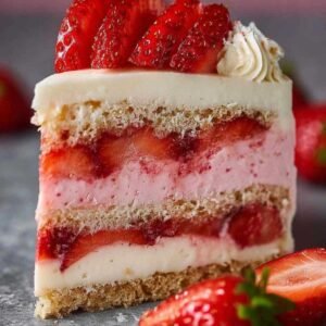 Gâteau fromage fraise fait maison avec fraises fraîches sur le dessus