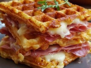 Gaufres dorées au jambon et fromage servies chaudes