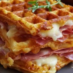 Gaufres dorées au jambon et fromage servies chaudes