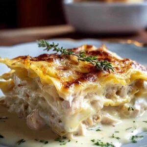 Lasagnes au poulet et sauce blanche crémeuse dorées au four