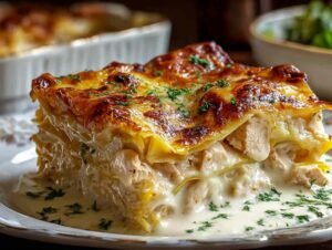 Lasagnes au poulet dorées sortant du four avec sauce blanche crémeuse