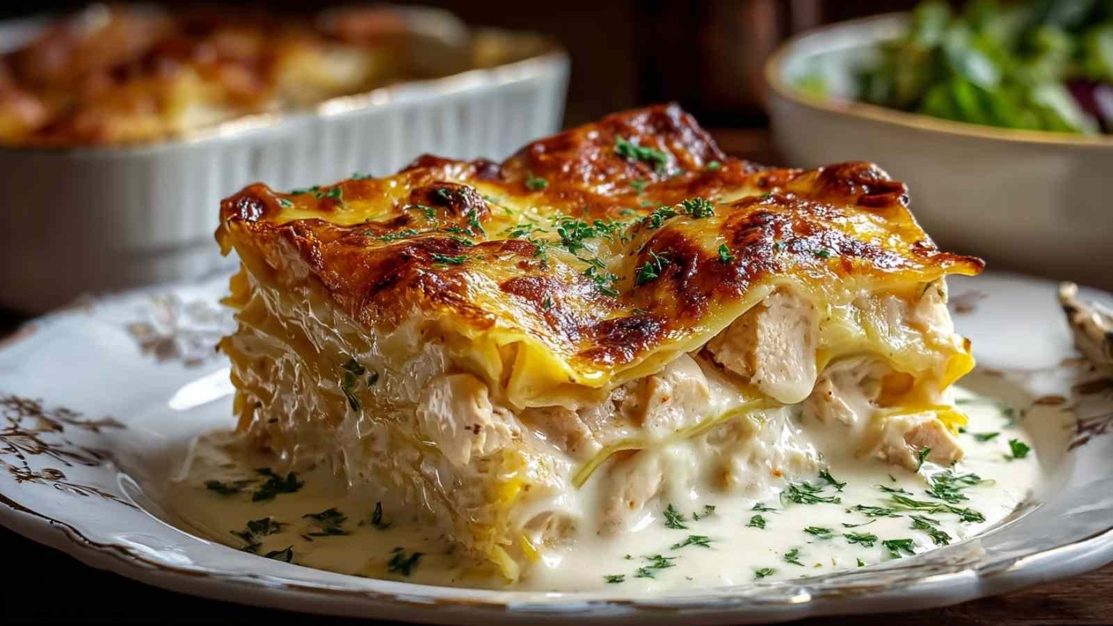 Lasagnes au poulet dorées sortant du four avec sauce blanche crémeuse