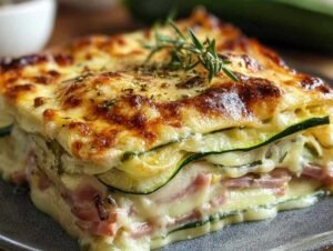 Lasagnes de courgettes au jambon gratinées dans un plat