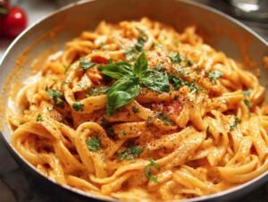Pâtes crémeuses à la tomate cuites dans une casserole avec basilic