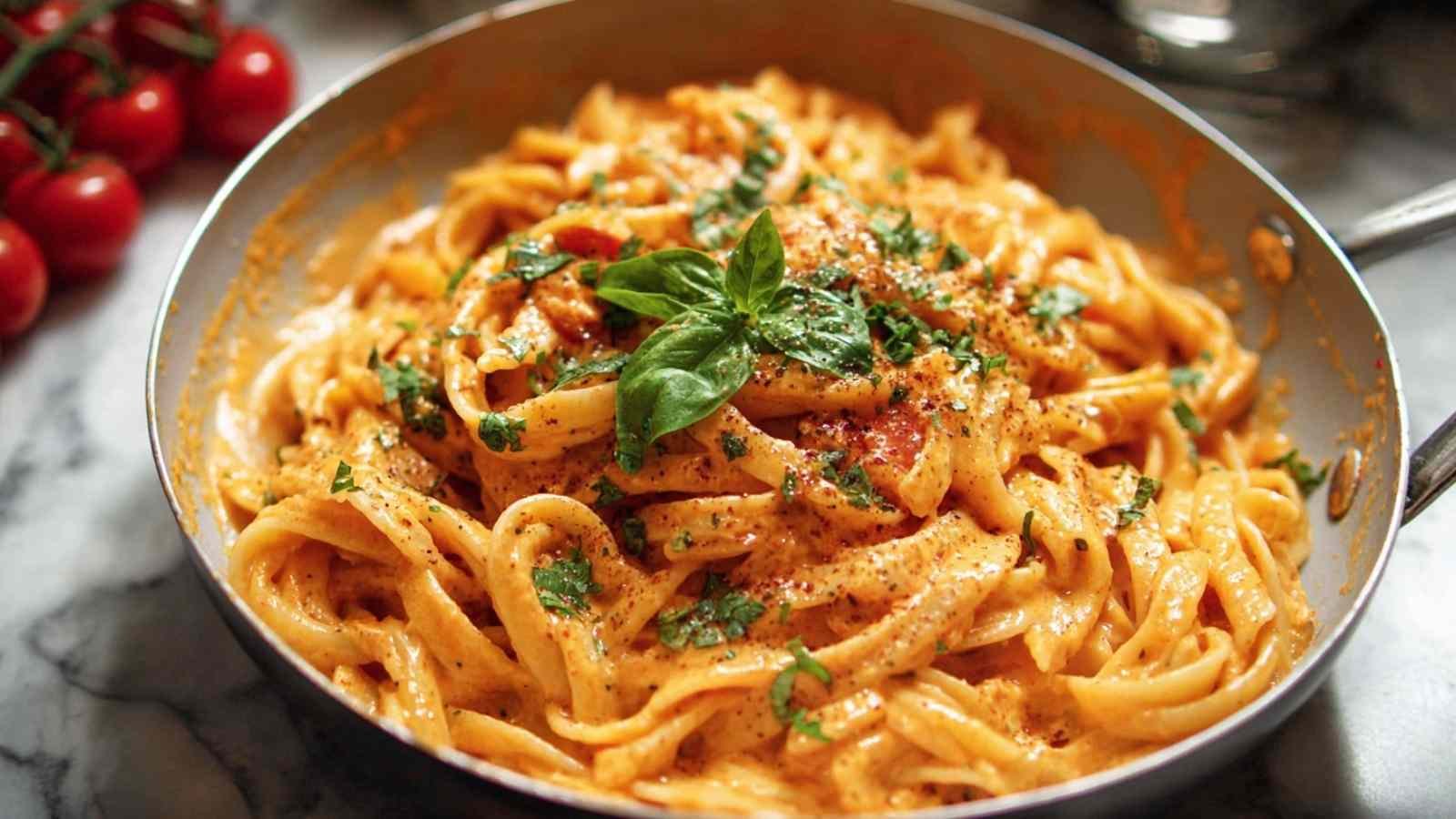 Pâtes crémeuses à la tomate cuites dans une casserole avec basilic