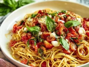 Délicieuses pâtes à la bruschetta garnies de tomates Roma et mozzarella fondante