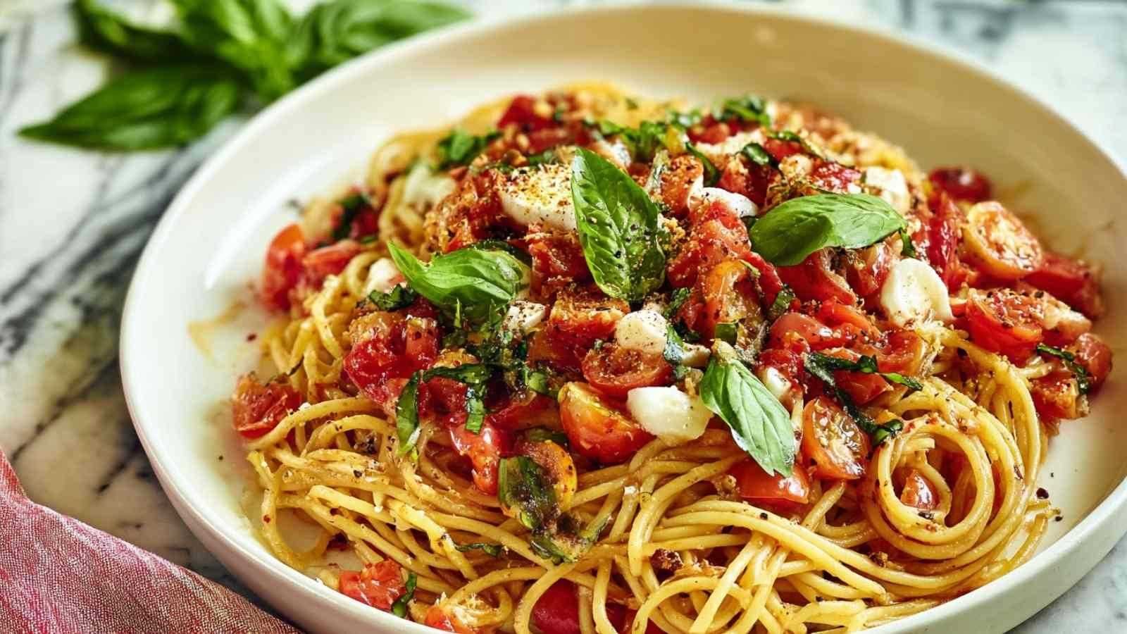 Délicieuses pâtes à la bruschetta garnies de tomates Roma et mozzarella fondante