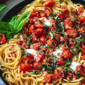 Assiette de pâtes à la bruschetta avec tomates fraîches et mozzarella