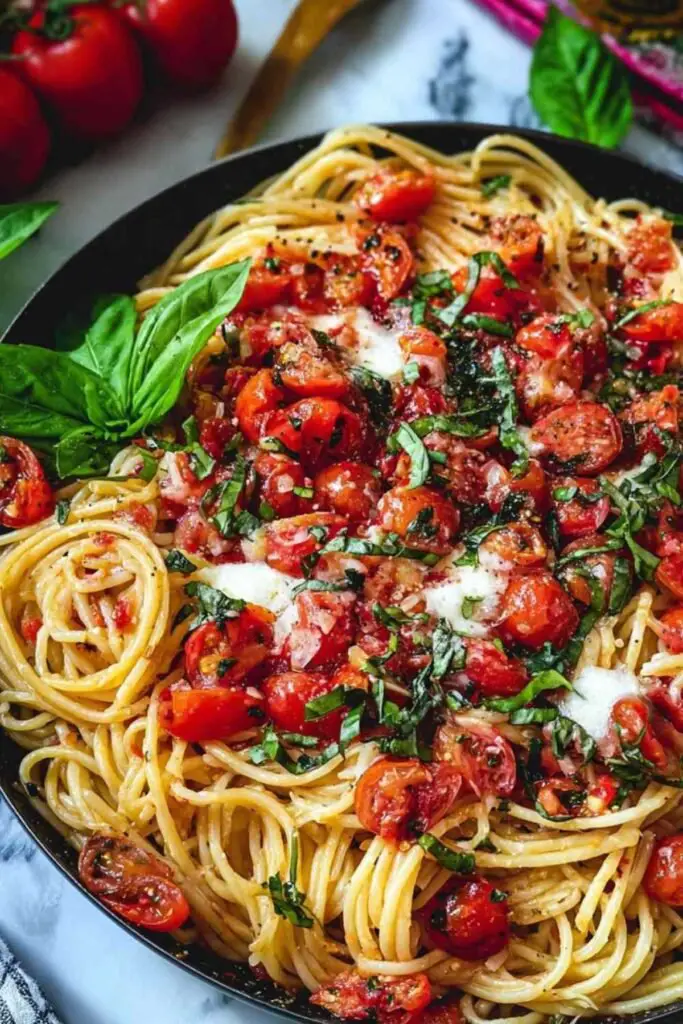 Assiette de pâtes à la bruschetta avec tomates fraîches et mozzarella