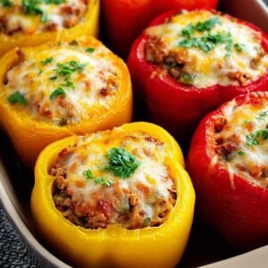 Poivrons farcis dorés au fromage dans un plat de cuisson