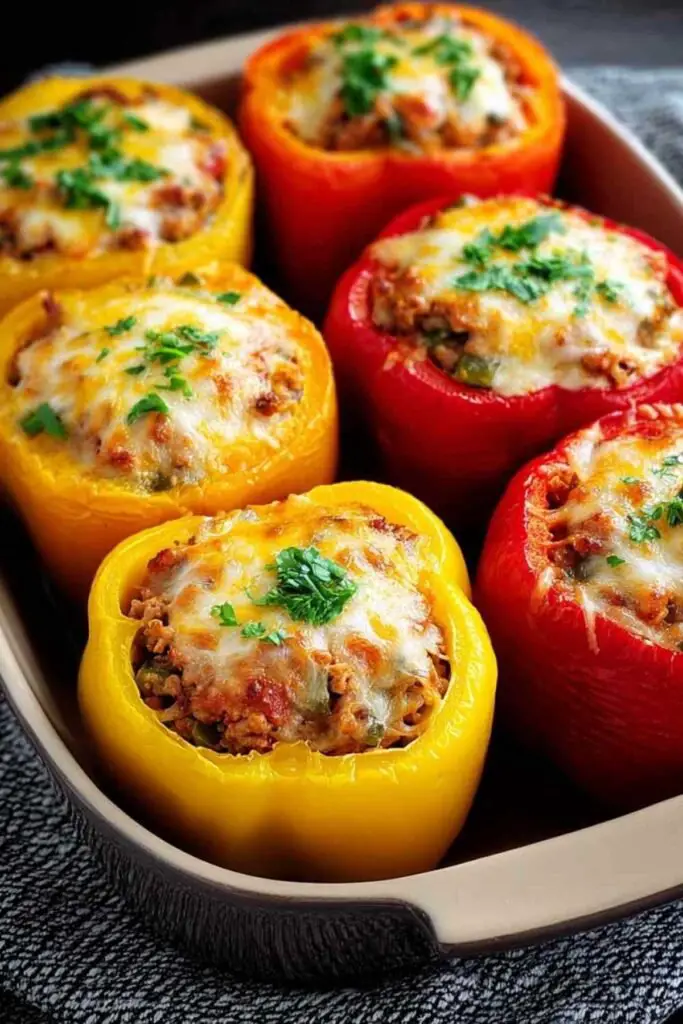 Poivrons farcis dorés au fromage dans un plat de cuisson