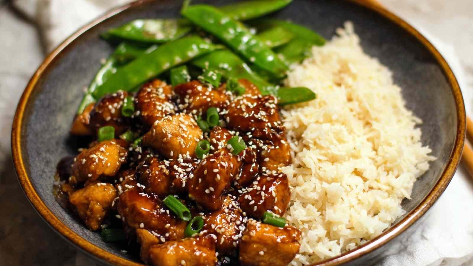 Poulet Sésame Santé servi avec riz jasmin et haricots verts