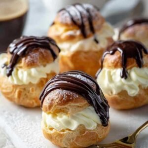 Profiteroles françaises avec glaçage chocolat sur assiette blanche
