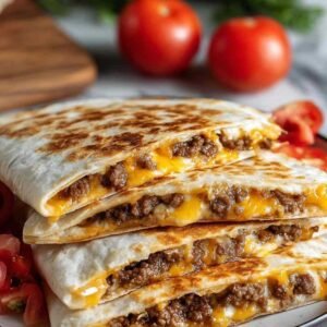 Quesadillas smashburger dorées coupées en triangles sur une assiette