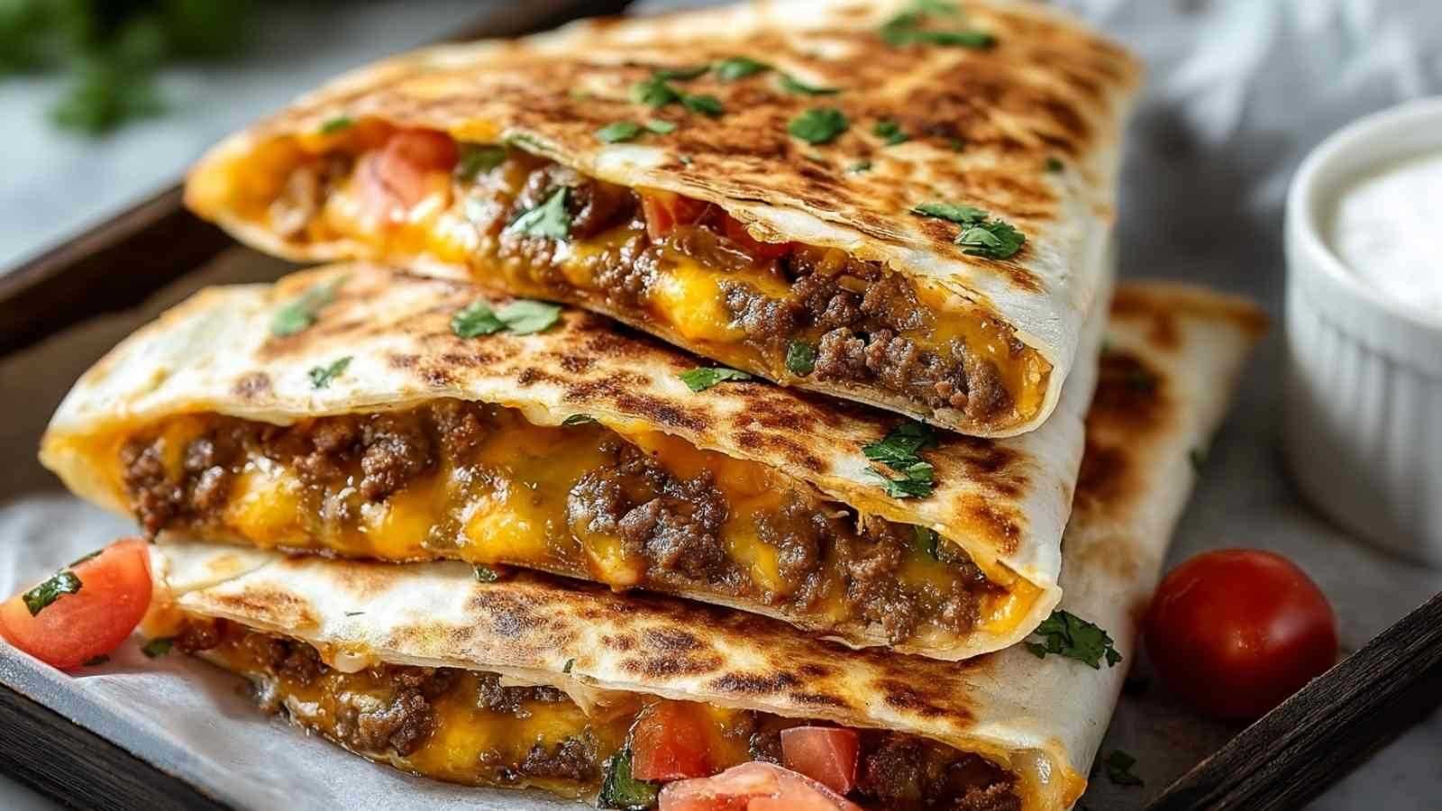 Quesadillas smashburger croustillantes avec bœuf haché et fromage fondant coupées en triangles