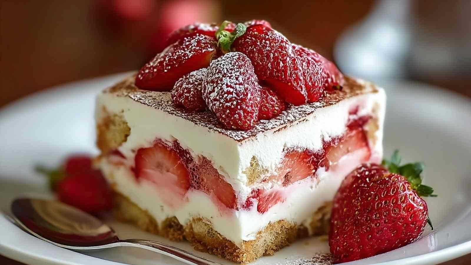 Tiramisu aux fraises présenté dans un plat transparent