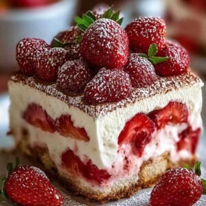 Tiramisu aux fraises présenté dans un plat transparent
