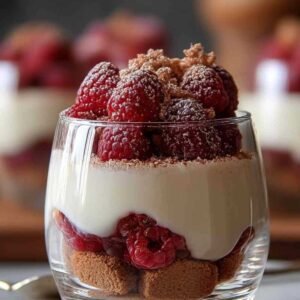 Verrine de tiramisu aux framboises et spéculoos dans un verre transparent
