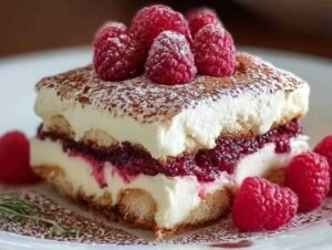 Tiramisu aux framboises dans un plat en verre avec couches visibles