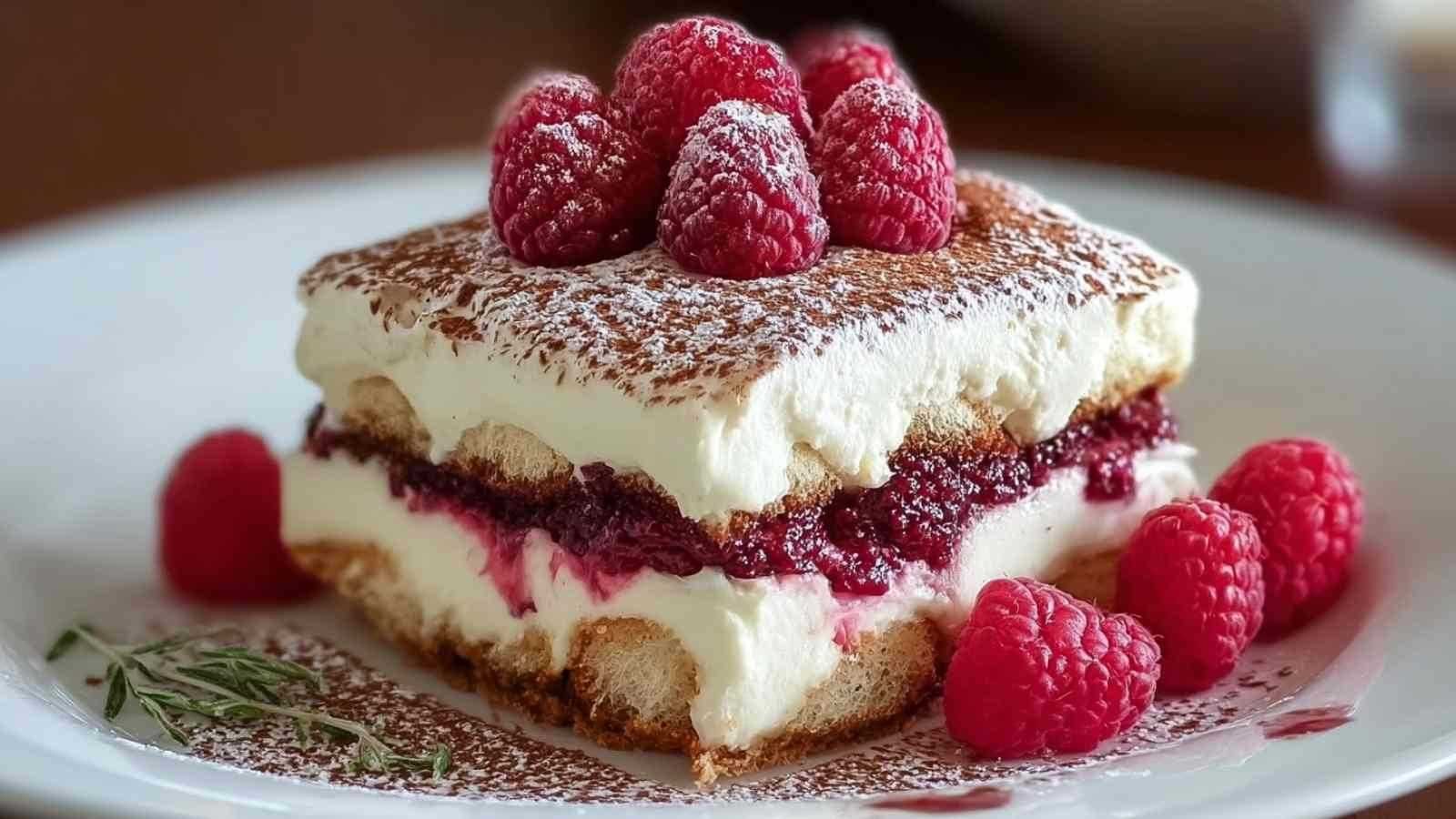 Tiramisu aux framboises dans un plat en verre avec couches visibles