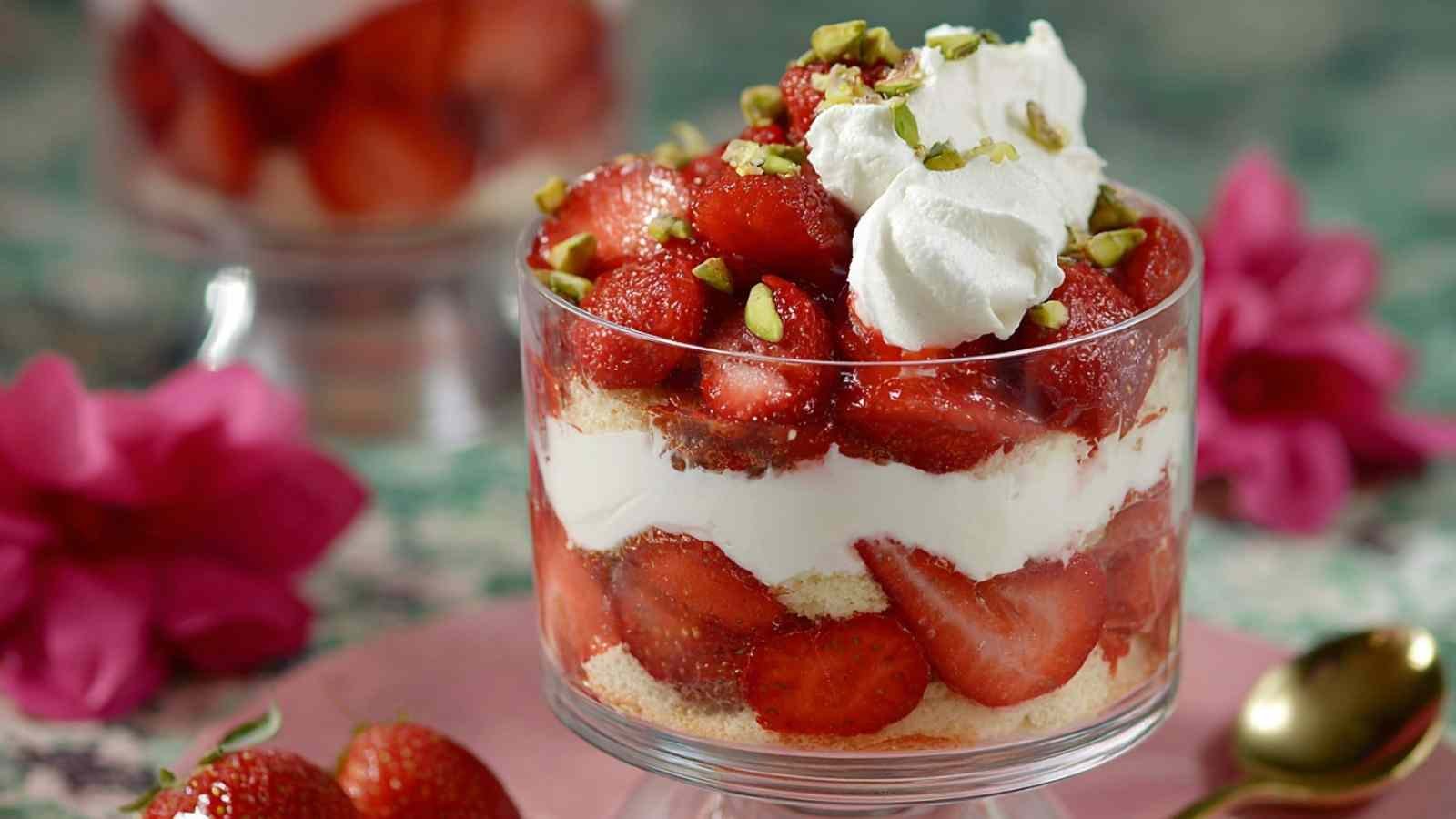 Trifle aux fraises dans des verrines avec mascarpone et pistaches