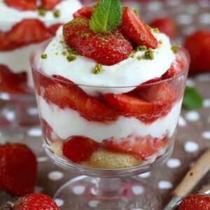 Trifle aux fraises dans des verrines avec mascarpone et pistaches