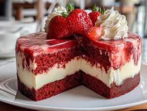 Cheesecake velours rouge avec fraises fraîches sur assiette blanche