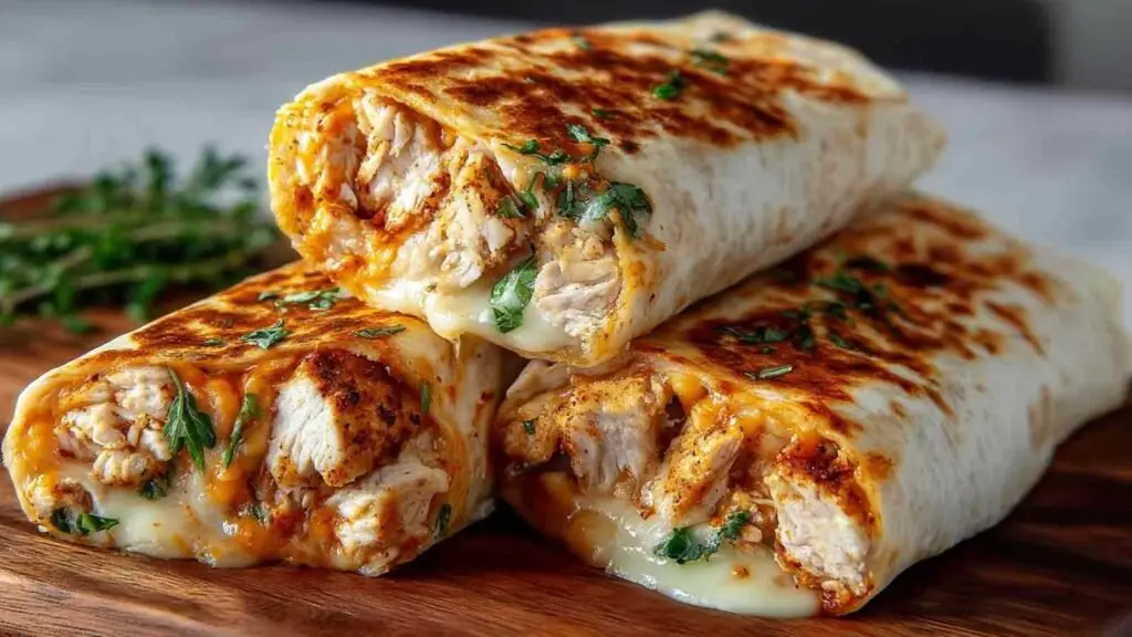 Wraps de poulet à l'ail et au fromage fondant dorés à la poêle