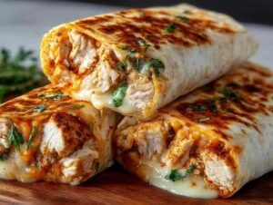 Wraps de poulet à l'ail et au fromage fondant dorés à la poêle