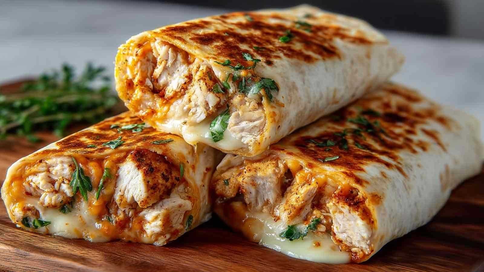 Wraps de poulet à l'ail et au fromage fondant dorés à la poêle