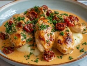 Aiguillettes de Poulet à la Sauce Crémeuse au Chorizo dans une poêle