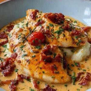 Aiguillettes de poulet dorées dans une sauce crémeuse au chorizo