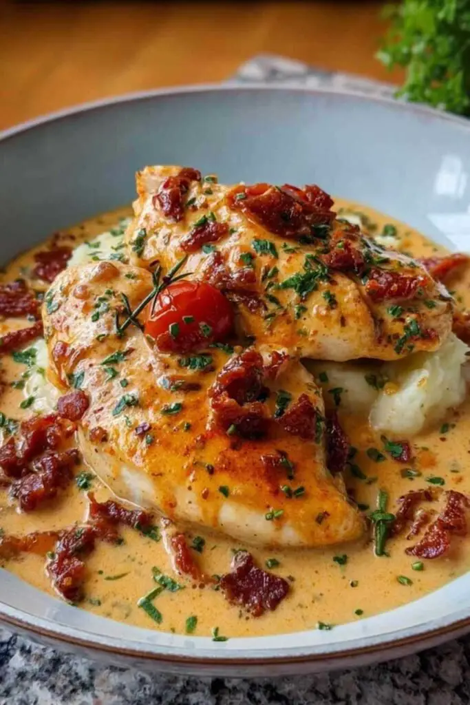 Aiguillettes de poulet dorées dans une sauce crémeuse au chorizo