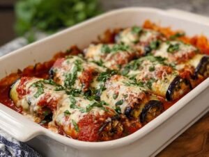 Aubergines roulées saines dorées dans un plat de cuisson avec sauce marinara
