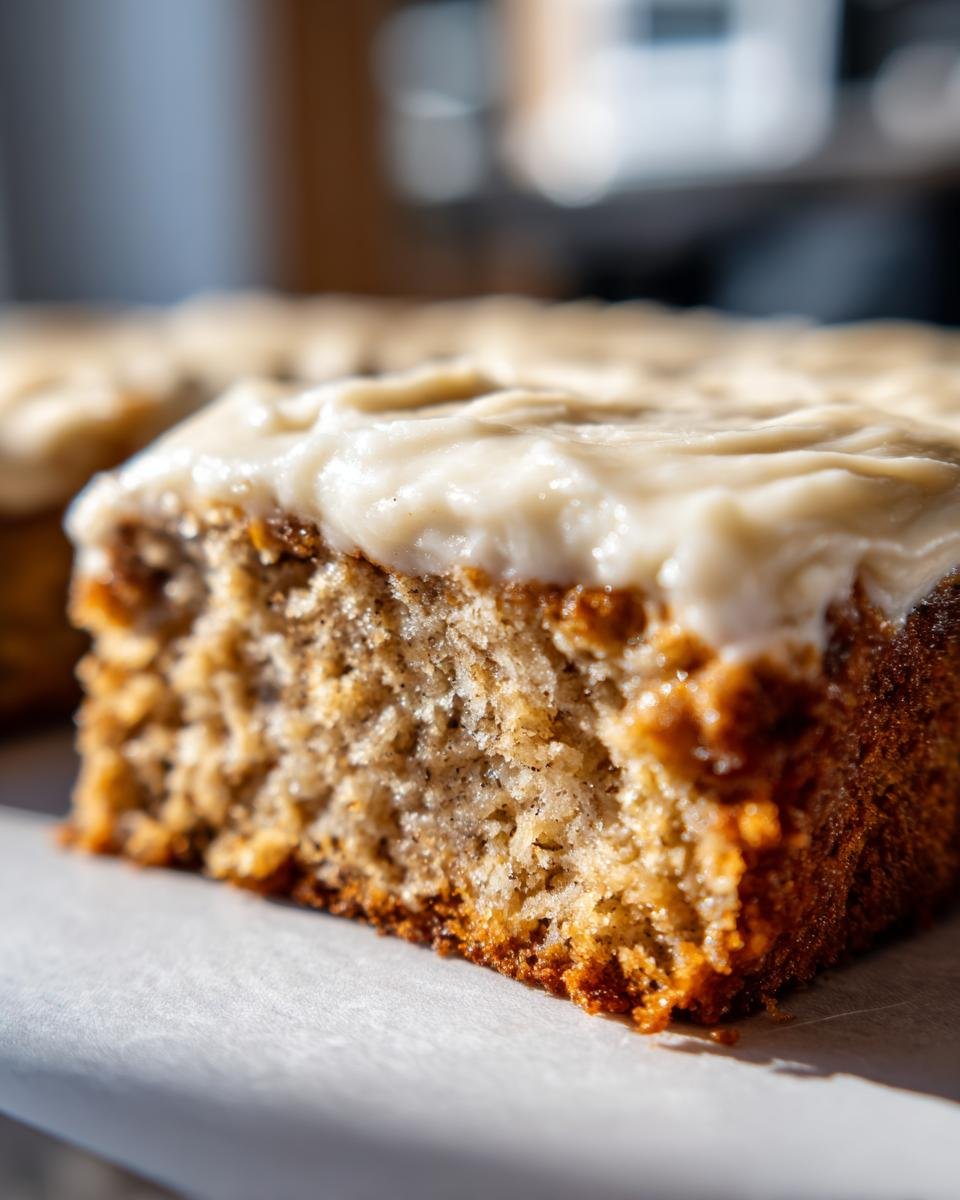 Barres à la banane: 1 recette divinement simple 2 Gros plan d'une barre à la banane moelleuse avec un glaçage crémeux et des points de vanille.