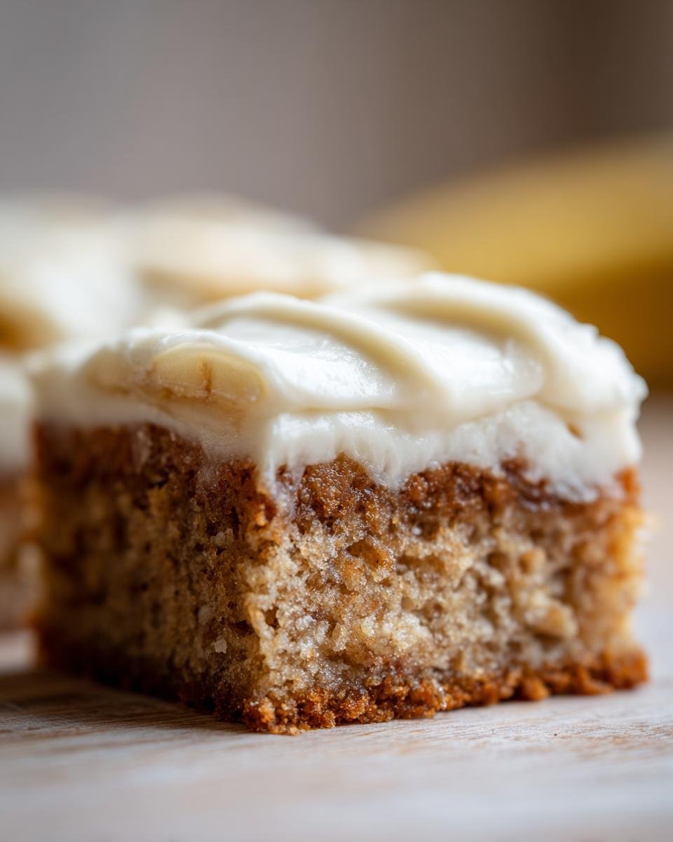 Barres Banane Glaçage : 12 minutes de pur bonheur 4 Gros plan d'une barre à la banane moelleuse recouverte d'un glaçage crémeux et d'une tranche de banane.