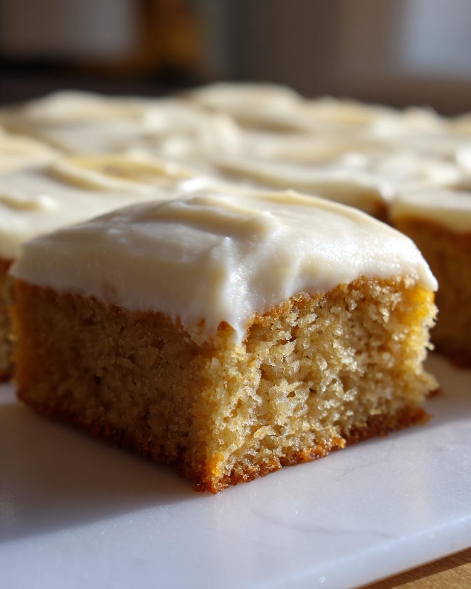 Barres Banane Glaçage : 12 minutes de pur bonheur 2 Gros plan d'une barre à la banane avec un glaçage blanc crémeux et moelleux.