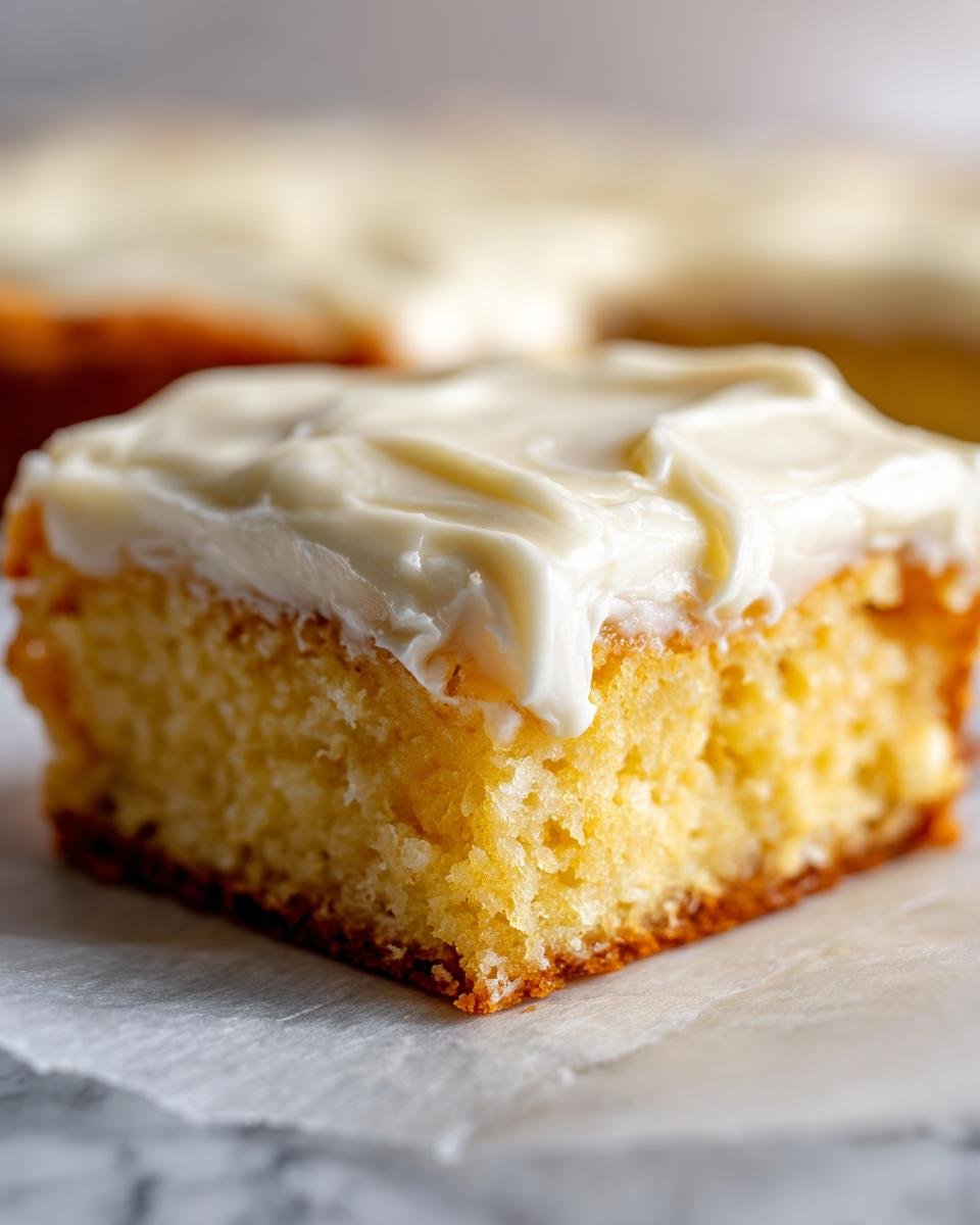 Barres à la banane: 1 recette divinement simple 4 Gros plan d'une barre à la banane moelleuse recouverte d'un glaçage blanc et crémeux.