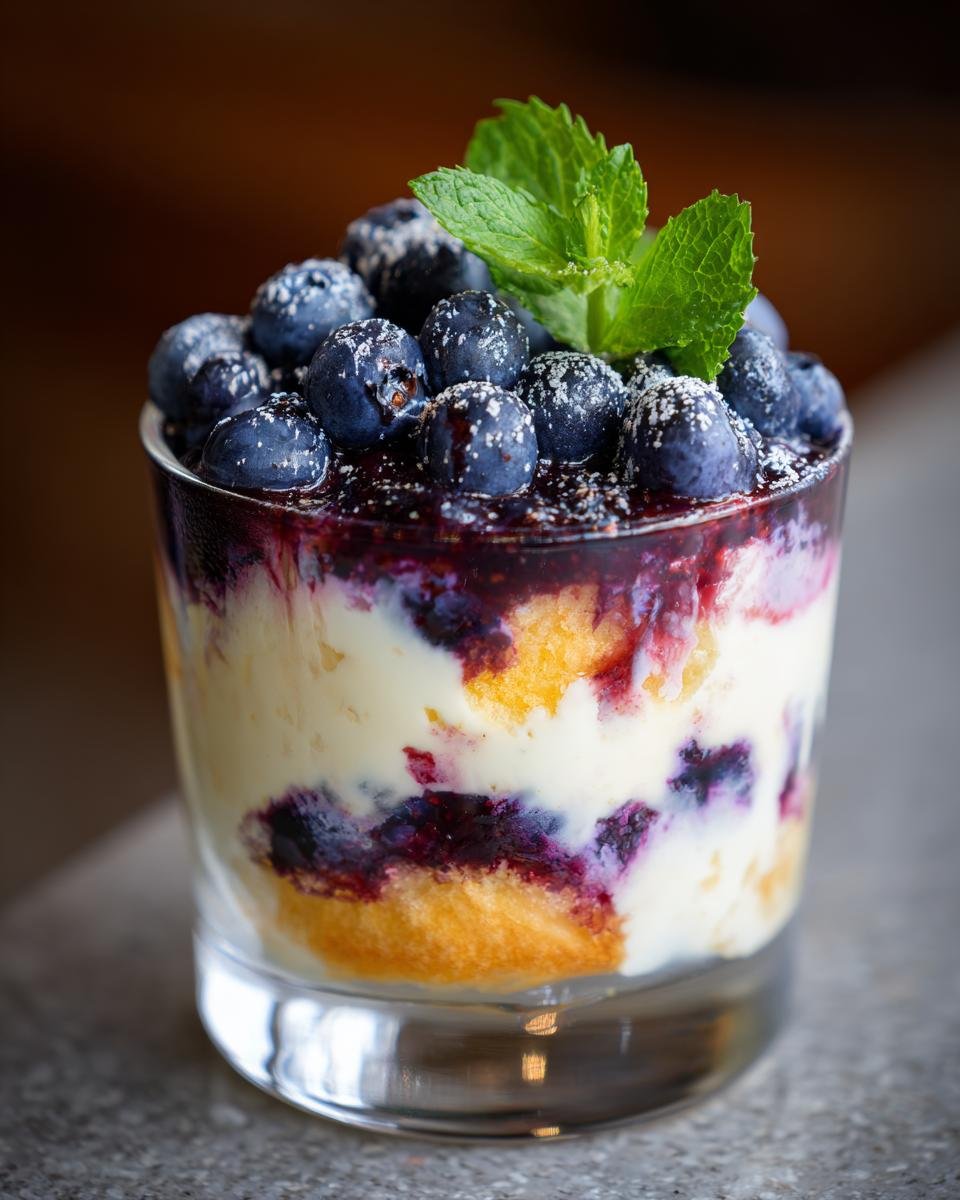 Blaubeer Tiramisu: 15 min de délice fruité 1 Gros plan d'un Blaubeer Tiramisu dans un verre, garni de myrtilles fraîches, de menthe et de sucre glace.