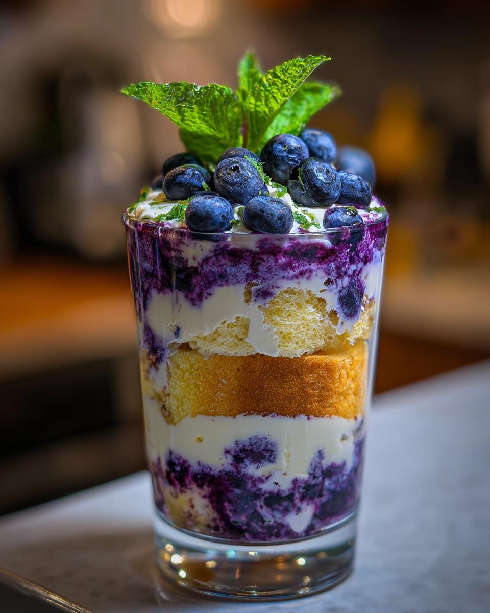 Blaubeer Tiramisu: 15 min de délice fruité 2 Gros plan d'un Blaubeer Tiramisu en verre, garni de myrtilles fraîches et de menthe.