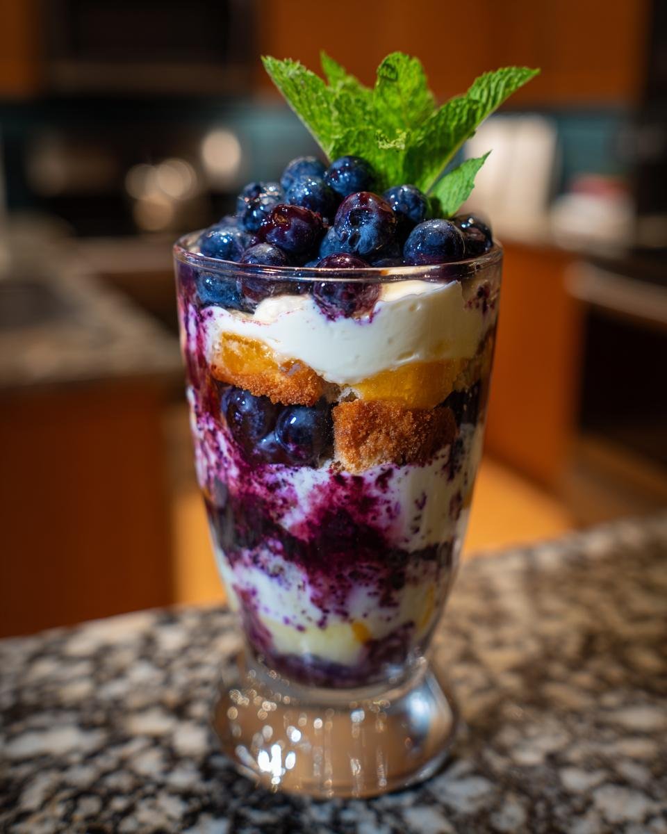 Blaubeer Tiramisu: 15 min de délice fruité 3 Gros plan d'un Blaubeer Tiramisu dans un verre, garni de myrtilles fraîches et de menthe.
