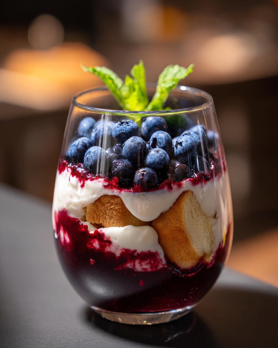 Blaubeer Tiramisu: 15 min de délice fruité 4 Gros plan d'un Blaubeer Tiramisu en verrine, garni de myrtilles fraîches et de menthe.