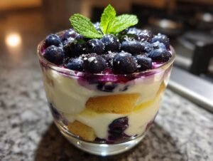 Gros plan d'un Blaubeer Tiramisu en verrine, garni de myrtilles fraîches et de menthe.