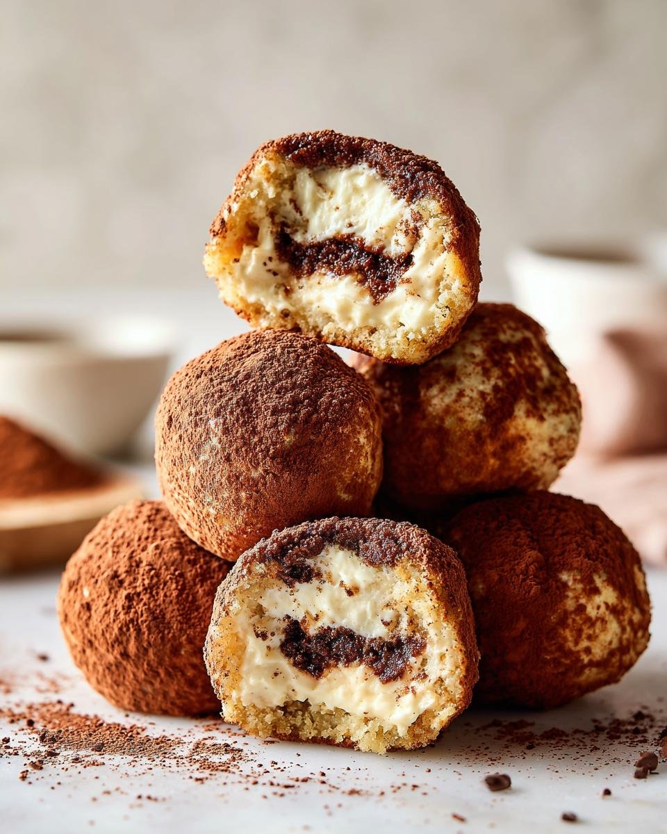 Boules de Tiramisu : 1 recette facile et rapide 4 Gros plan sur des boules de tiramisu recouvertes de cacao, une est coupée révélant une crème onctueuse et un cœur au café.