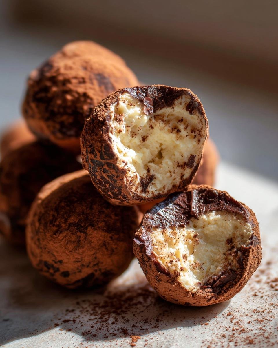 Boules de Tiramisu : 30 min pour un plaisir divin 4 Gros plan sur des boules de Tiramisu enrobées de cacao, dont une coupée pour révéler la garniture crémeuse.