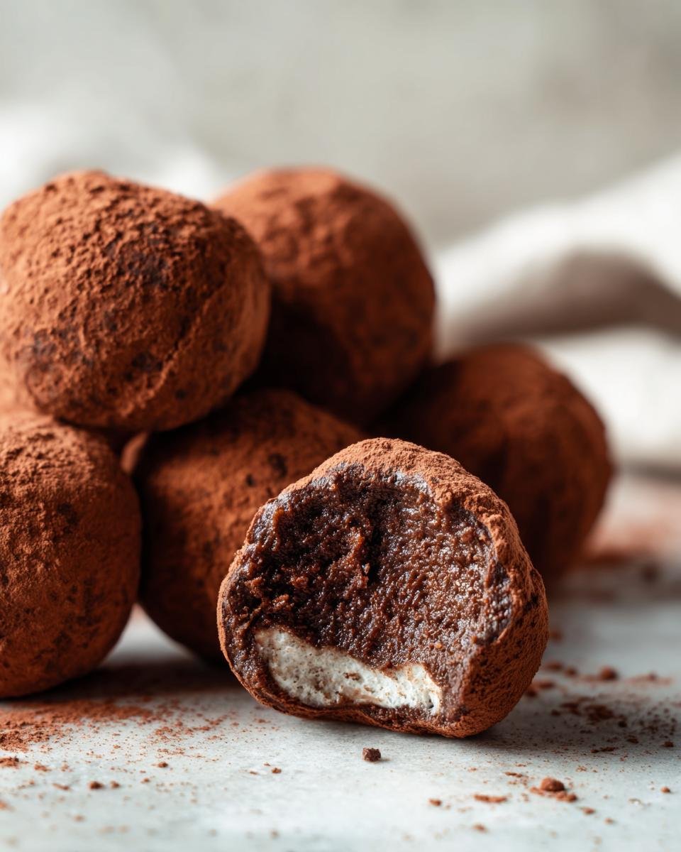 Boules de Tiramisu : 30 min pour un plaisir divin 3 Gros plan sur des boules de Tiramisu au cacao, une est coupée pour révéler son cœur crémeux.
