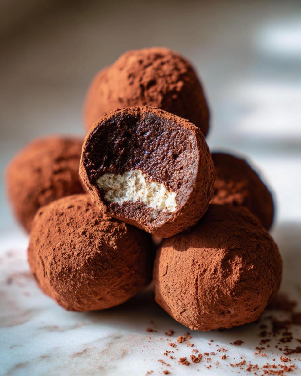 Boules de Tiramisu : 30 min pour un plaisir divin 1 Gros plan sur des boules de tiramisu enrobées de cacao, dont une coupée pour révéler le cœur crémeux.