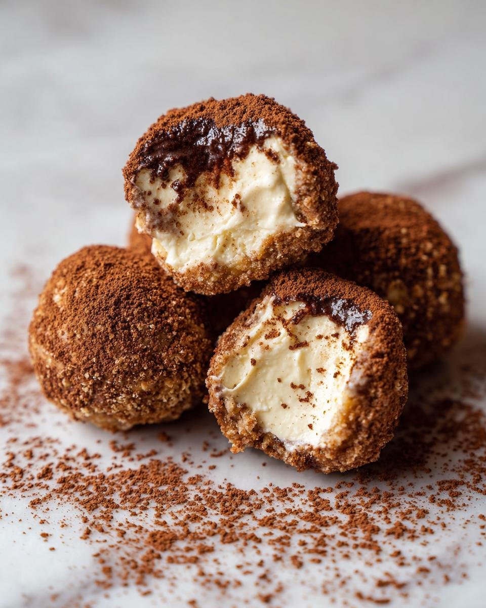 Boules de Tiramisu : 1 recette facile et rapide 3 Gros plan sur des boules de tiramisu recouvertes de cacao, l'une d'elles est coupée pour révéler une garniture crémeuse.