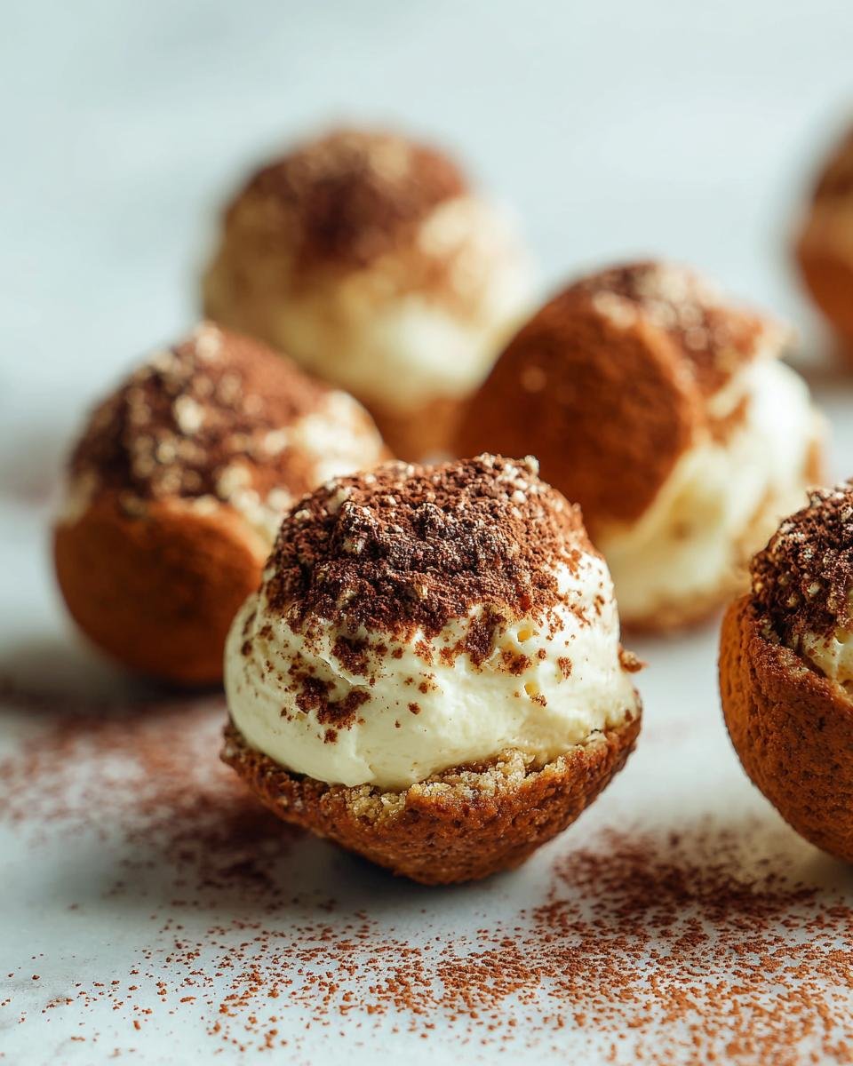 Boules de Tiramisu : 1 recette facile et rapide 1 Gros plan sur des boules de tiramisu individuelles garnies de crème onctueuse et saupoudrées de cacao.